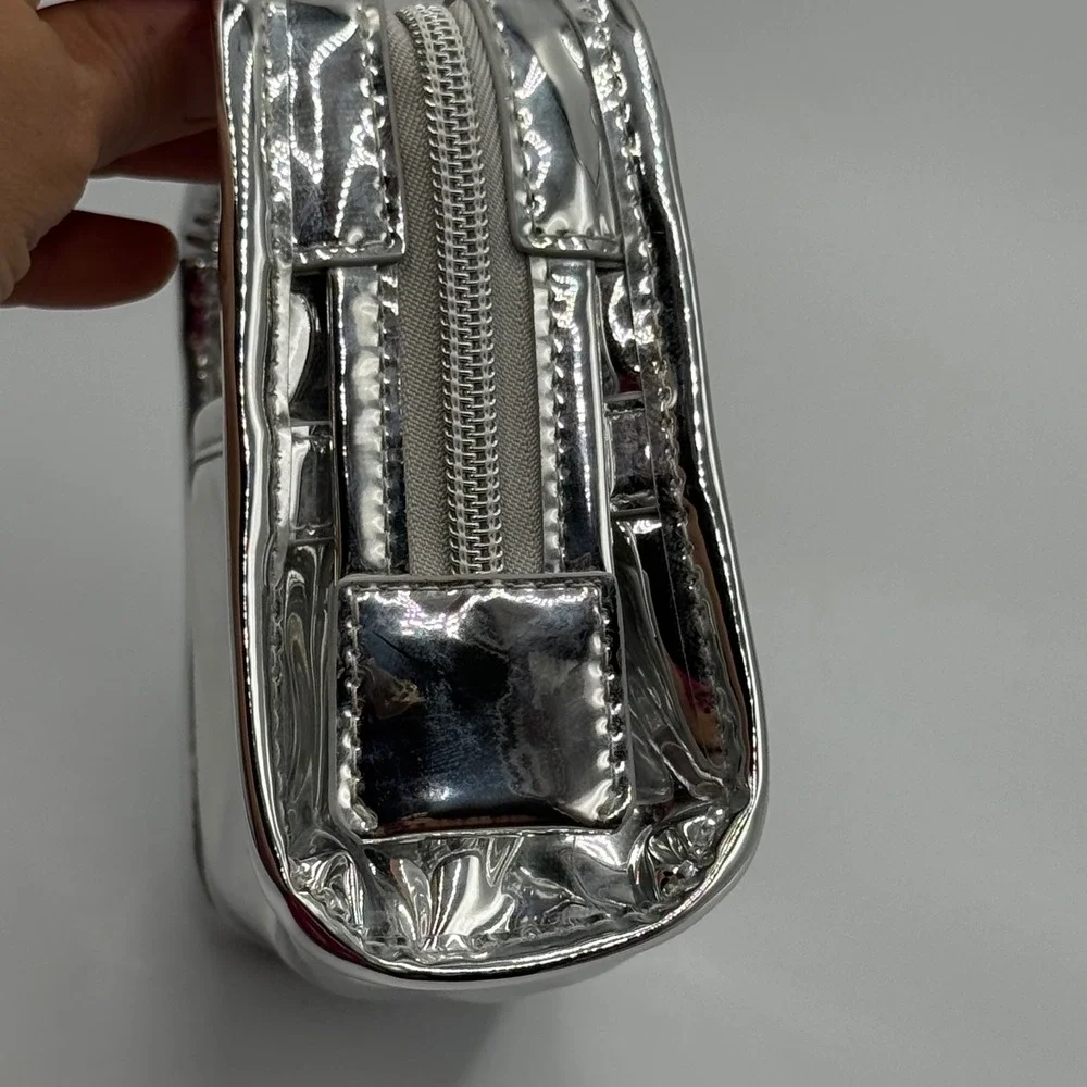 Makeup by Mario Cosmetic Bag Small Silver Metallic Y2K Futuristic Chrome Pouch‎